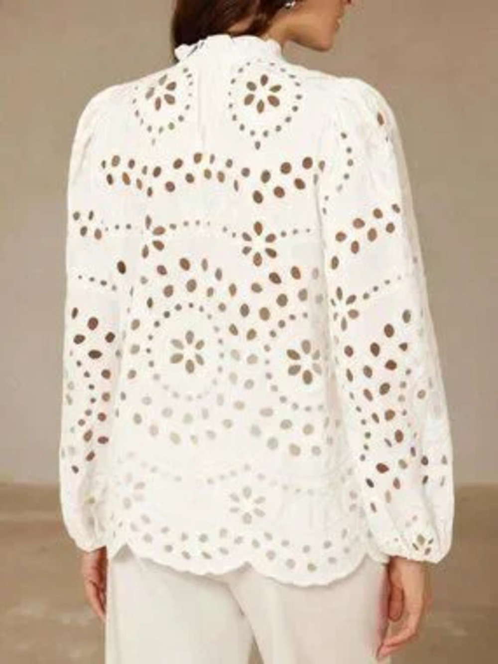 White Casual Women's Embroidered Hollow-Out Pleated Front Long Sleeve Blouse